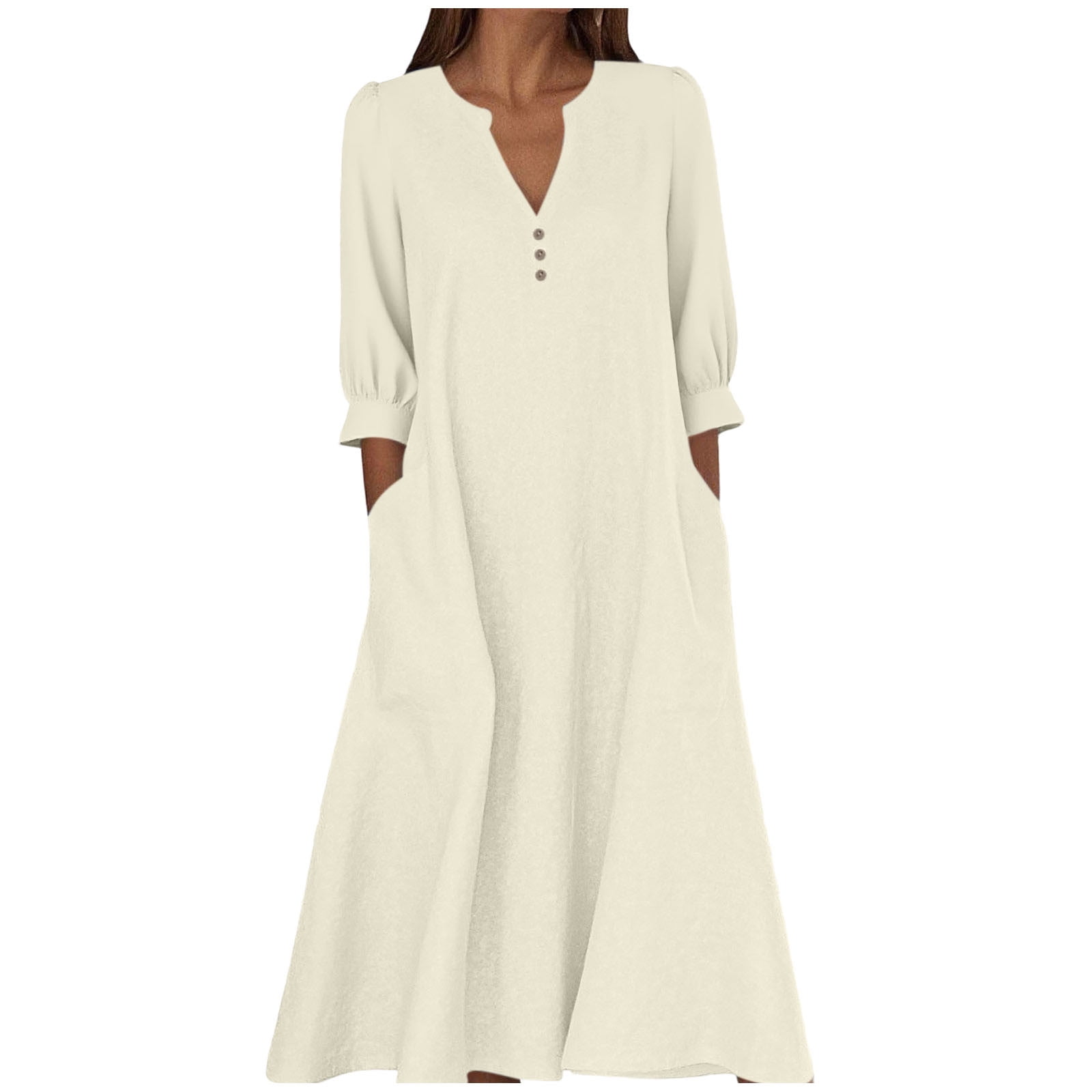 cocolona Womens Linen Dress Button V Neck 3/4 Sleeve Flowy Long 
