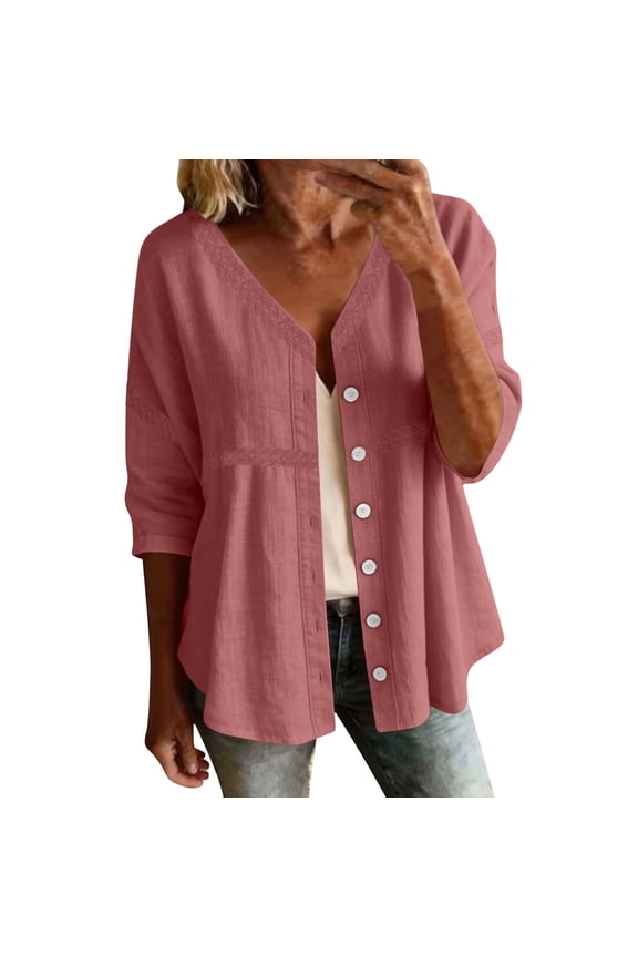 Womens Linen Embroidery Cardigan 3/4 Sleeve Button Down Solid Color Casual Loose Vacation Tops