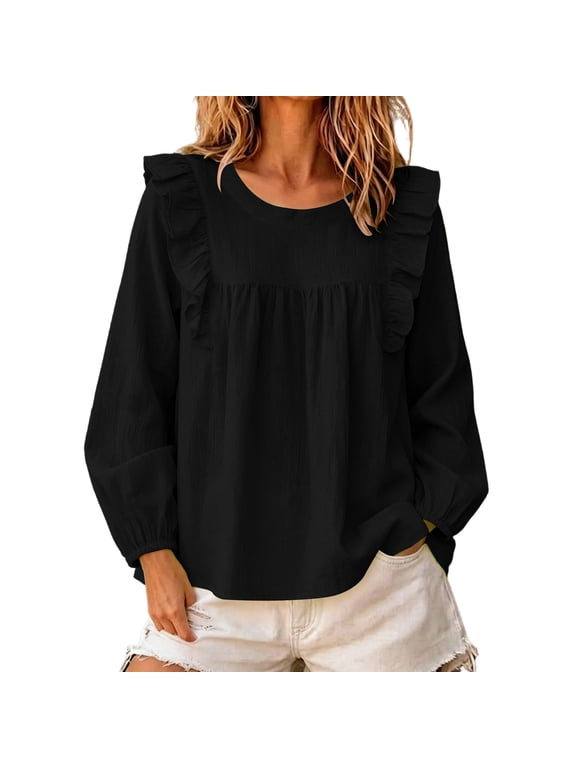 Womens Linen Long Puff Sleeve Tops Crew Neck Loose Pleated Shirts Ruffle Pleated Cute Blouses