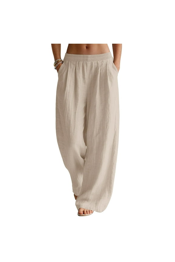 Womens Linen Pants Casual Flowy Wide Leg Pants Summer Beach Vacation Clothes Travel Pants Lounge Trousers with Pockets