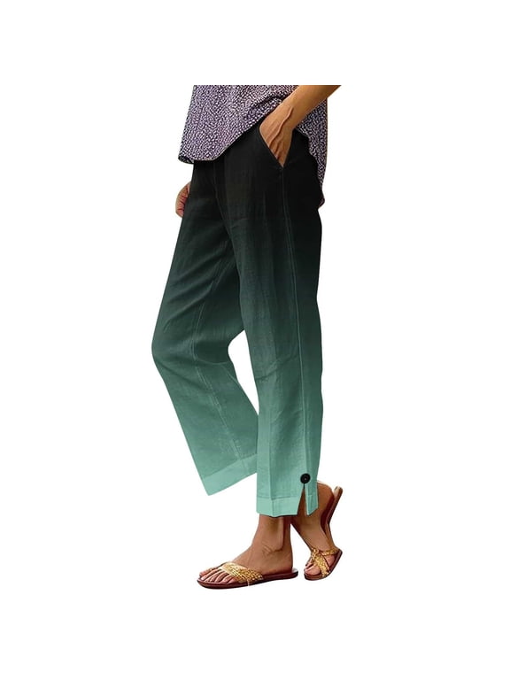 Womens Linen Pants Straight Leg Side Slit Pants Lightweight Casual Work Pants Beach Vacation Trousers with Pockets