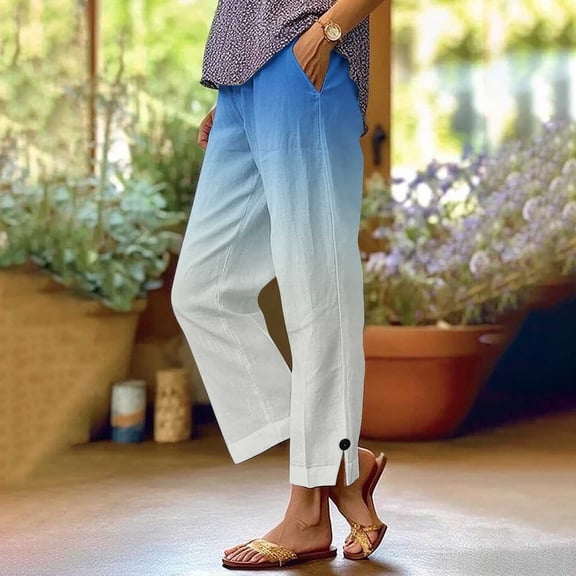 cocolona Womens Linen Pants Straight Leg Side Slit Pants Lightweight Casual Work Pants Beach Vacation Trousers with Pockets