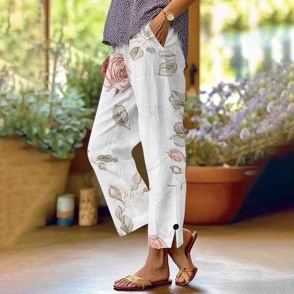 cocolona Womens Linen Pants Straight Leg Side Slit Pants Lightweight Casual Work Pants Beach Vacation Trousers with Pockets