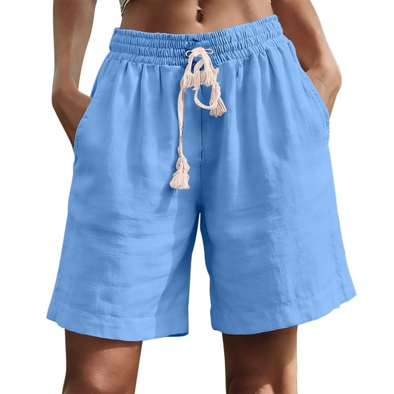cocolona Womens Linen Shorts Summer Casual Solid Color Loose Elastic Waist Drawstring Shorts with Pockets