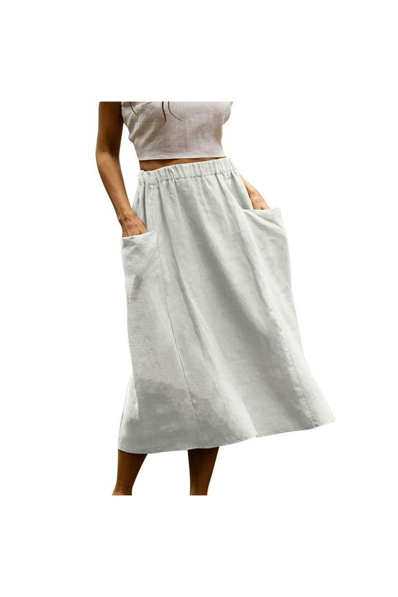 Womens Linen Skirts for Women Summer Casual Solid Color Elastic Waist Flowy Long Skirts Beach Vacation Midi Skirts with Pockets White S
