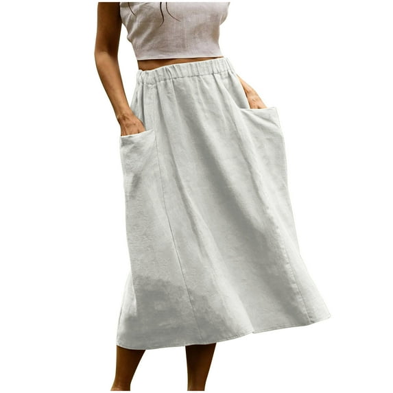 cocolona Womens Linen Skirts for Women Summer Casual Solid Color Elastic Waist Flowy Long Skirts Beach Vacation Midi Skirts with Pockets White XXL