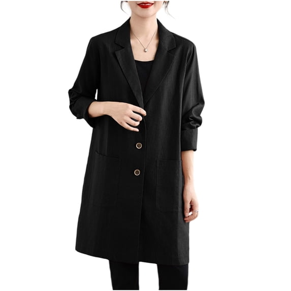 cocolona Womens Linen Tunic Blazer Long Sleeve Button Down Open Front Trench Coat Lightweight Casual Jacket Suit with Pockets