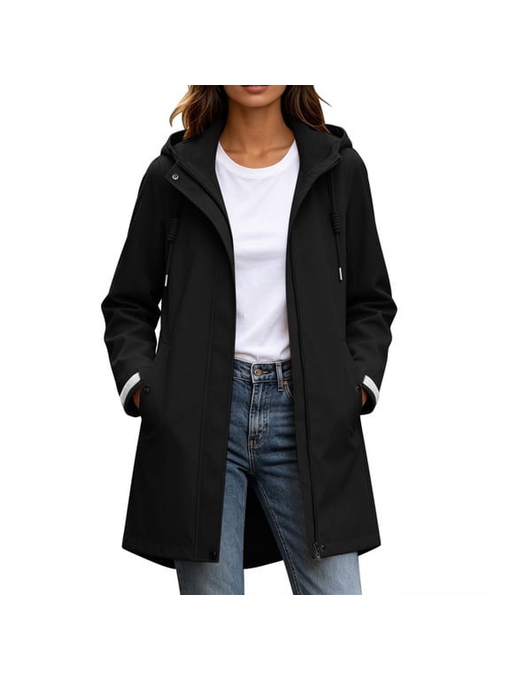 Womens Long Hooded Raincoat Long Sleeve Fleece Waterproof Windproof Outdoor Hiking Rain Jacket Solid Color Tunic Fall Winter Jacket with Pocket