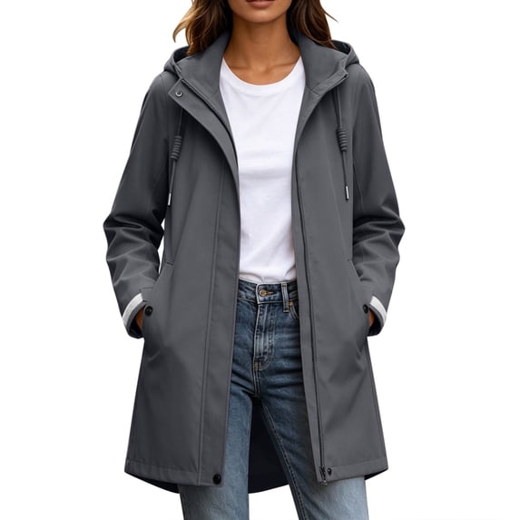 cocolona Womens Long Hooded Raincoat Long Sleeve Fleece Waterproof Windproof Outdoor Hiking Rain Jacket Solid Color Tunic Fall Winter Jacket with Pocket