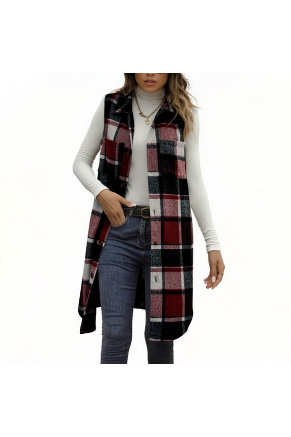 Womens Long Plaid Vest Sleeveless Turn Down Collar Flannel Shirts Jacket Fall Winter Outwear Coats with Pockets