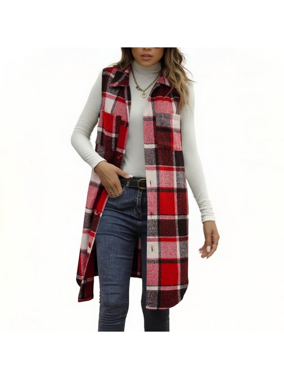 Womens Long Plaid Vest Sleeveless Turn Down Collar Flannel Shirts Jacket Fall Winter Outwear Coats with Pockets