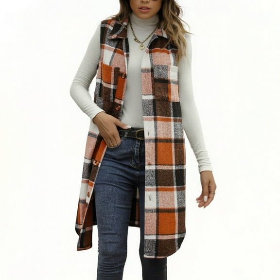 cocolona Womens Long Plaid Vest Sleeveless Turn Down Collar Flannel Shirts Jacket Fall Winter Outwear Coats with Pockets