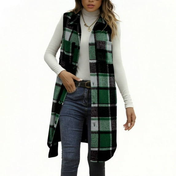 cocolona Womens Long Plaid Vest Sleeveless Turn Down Collar Flannel Shirts Jacket Fall Winter Outwear Coats with Pockets