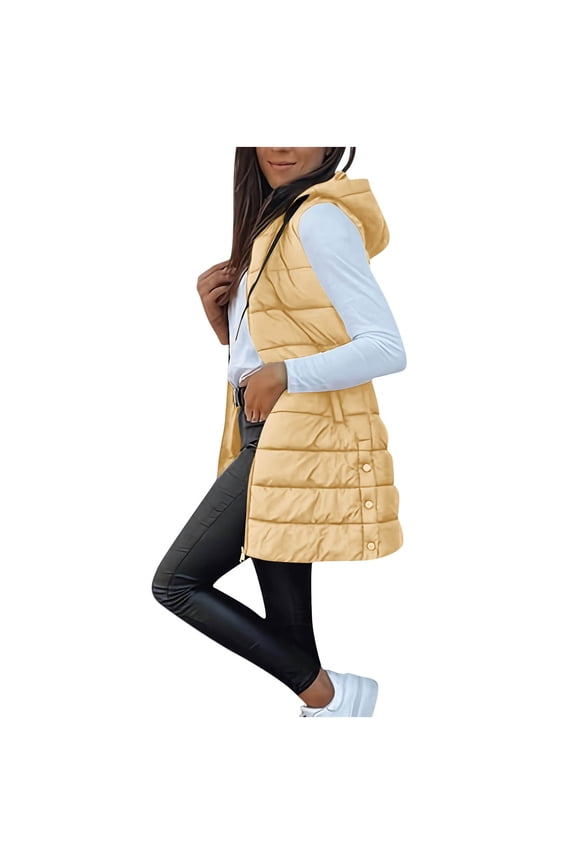 Womens Long Puffer Vest Stand Collar Sleeveless Hooded Down Jacket Fall Winter Casual Loose Coats with Pocket