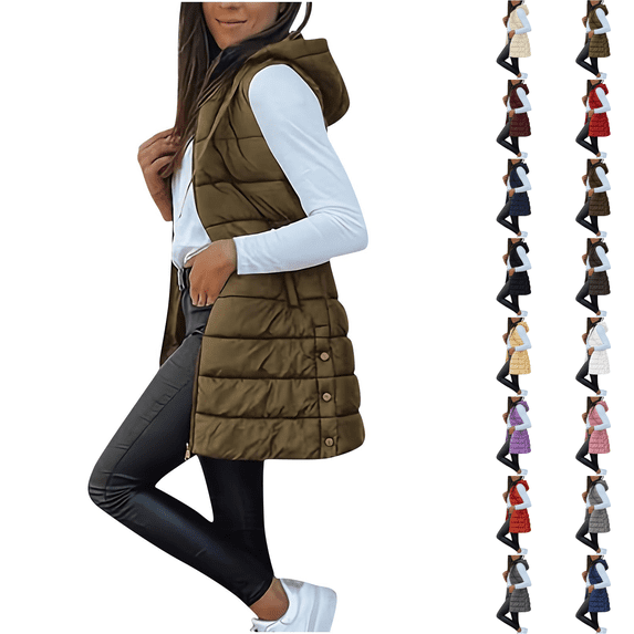 cocolona Womens Long Puffer Vest Stand Collar Sleeveless Hooded Down Jacket Fall Winter Casual Loose Coats with Pocket