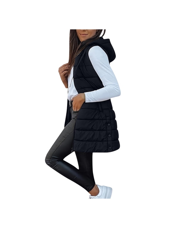 Womens Long Puffer Vest Stand Collar Sleeveless Hooded Down Jacket Fall Winter Casual Loose Coats with Pocket
