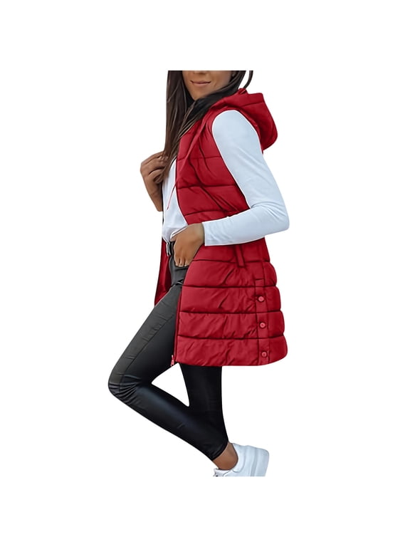Womens Long Puffer Vest Stand Collar Sleeveless Hooded Down Jacket Fall Winter Casual Loose Coats with Pocket
