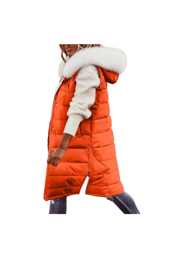 Womens Long Puffer Vest Winter Warm Sleeveless Hooded Coats Zip Up Stand Collar Quilted Down Jackets Puffer Vest for Women