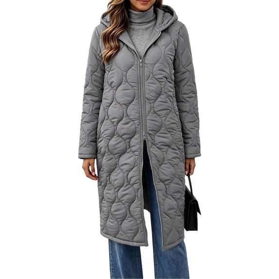 cocolona Womens Long Quilted Jacket LightWeight Long Sleeve Hooded Zipper Puffer Coat Casual Loose Solid Color Winter Warm Snow Long Outerwear