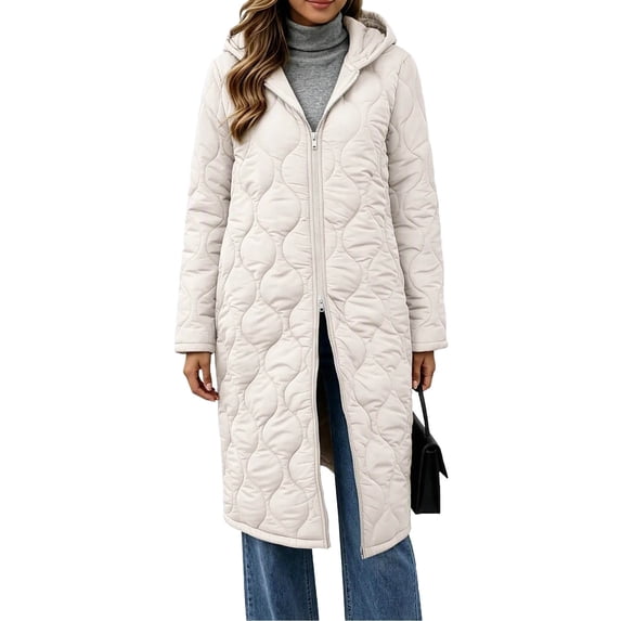 cocolona Womens Long Quilted Jacket LightWeight Long Sleeve Hooded Zipper Puffer Coat Casual Loose Solid Color Winter Warm Snow Long Outerwear