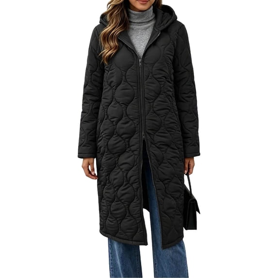 cocolona Womens Long Quilted Jacket LightWeight Long Sleeve Hooded Zipper Puffer Coat Casual Loose Solid Color Winter Warm Snow Long Outerwear