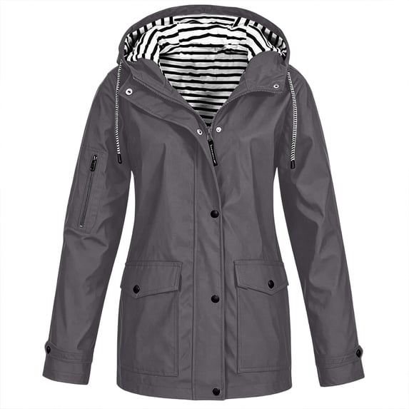 cocolona Womens Long Rain Jacket Striped lined Hooded Long Sleeve Zipper Button Rain Coat Outdoor Waterproof Windbreaker Outerwear with Pockets