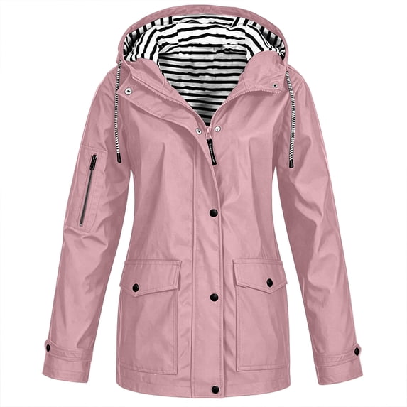 cocolona Womens Long Rain Jacket Striped lined Hooded Long Sleeve Zipper Button Rain Coat Outdoor Waterproof Windbreaker Outerwear with Pockets