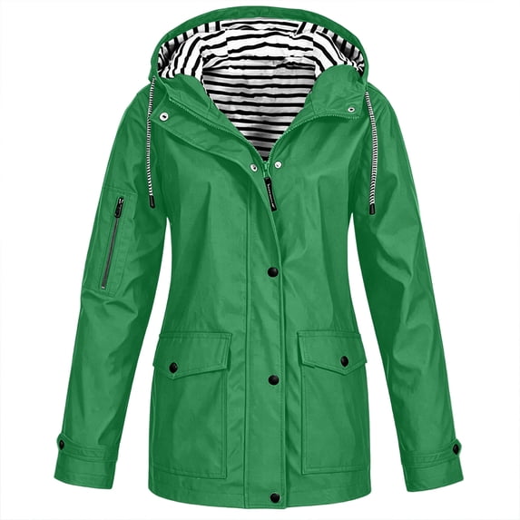 cocolona Womens Long Rain Jacket Striped lined Hooded Long Sleeve Zipper Button Rain Coat Outdoor Waterproof Windbreaker Outerwear with Pockets