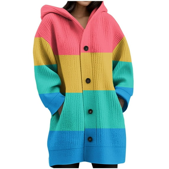 cocolona Womens Long Sleeve Button Oversized Knitted Cardigan Sweaters Fashion Causal Color Block Hooded Jacket Tops Winter Coats for Women