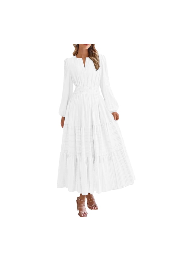 Womens Long Sleeve Maxi Dress V-Neck Pleated Elastic Waist Flowy Dress Fall Wedding Guest Dresses with Pockets