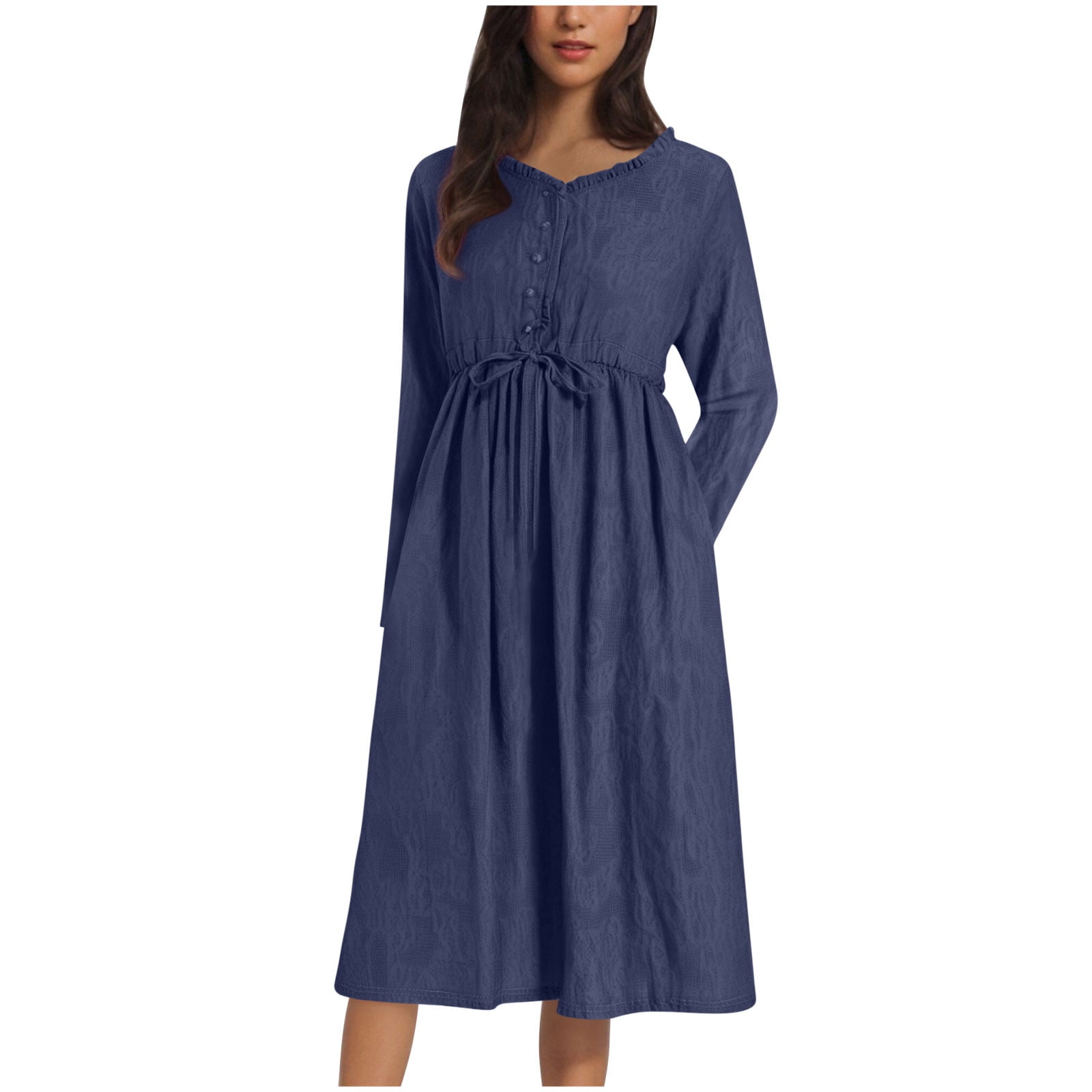 cocolona Womens Long Sleeve Midi Dress V Neck Button Pleated Sun Dress