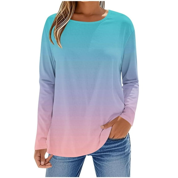 cocolona Womens Long Sleeve Shirts 2025 Fashion Casual Gradient Print Tops Crew Neck Blouses Fall Trendy T-shirts