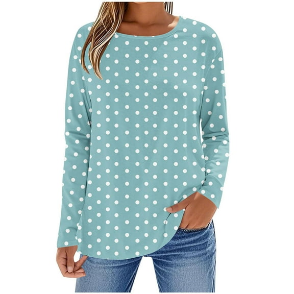 cocolona Womens Long Sleeve Shirts 2025 Fashion Casual Polka Print Tops Crew Neck Blouses Fall Trendy T-shirts
