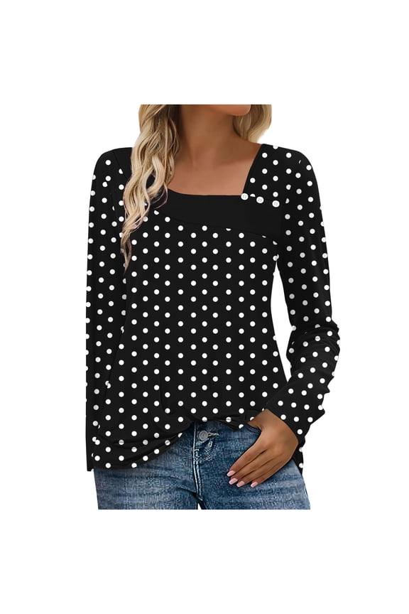 Womens Long Sleeve Shirts Asymmetrical Neck Button Tops Dressy Casual Polka Print Blouses Fall Clothes