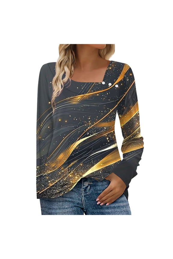 Womens Long Sleeve Shirts Asymmetrical Neck Button Tops Dressy Casual Print Blouses Fall Clothes