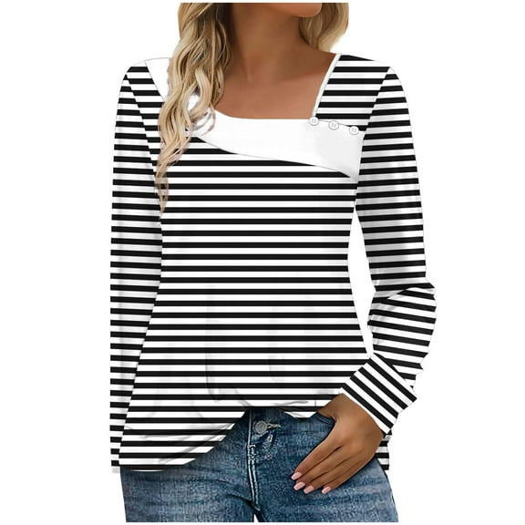 cocolona Womens Long Sleeve Shirts Asymmetrical Neck Button Tops Dressy Casual Striped Print Blouses Fall Clothes