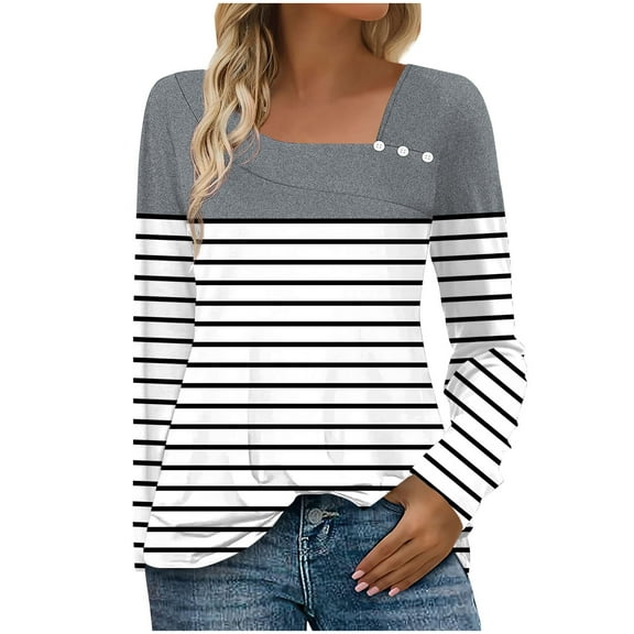 cocolona Womens Long Sleeve Shirts Asymmetrical Neck Button Tops Dressy Casual Striped Print Blouses Fall Clothes