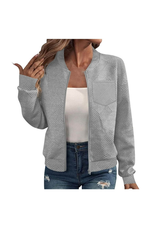 Womens Long Sleeve Zipper Stand Collar Jacket Fall Casual Lightweight Coat Tops with Pockets Jackets for Women