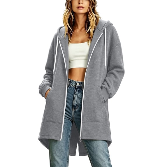 cocolona Womens Long Zip Up Hoodies Solid Color Drawstring Fall Winter Jackets Loose Tunic Outerwear with Pockets