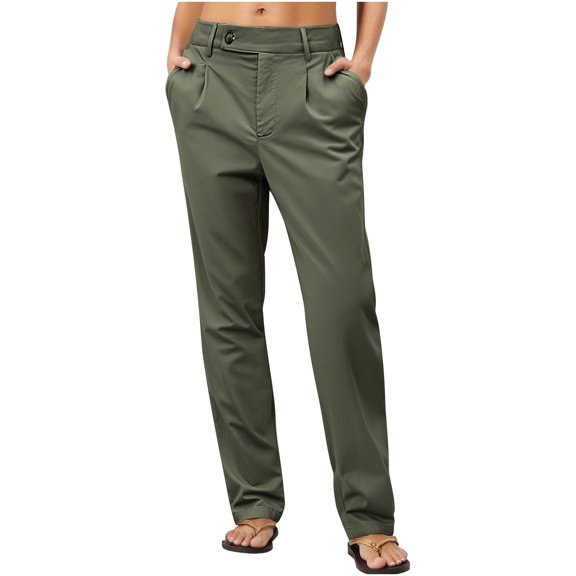 cocolona Womens Loose Work Pants Elastic Waist Casual Straight Button Cargo Pants Fashion Solid Color Trousers with Pockets