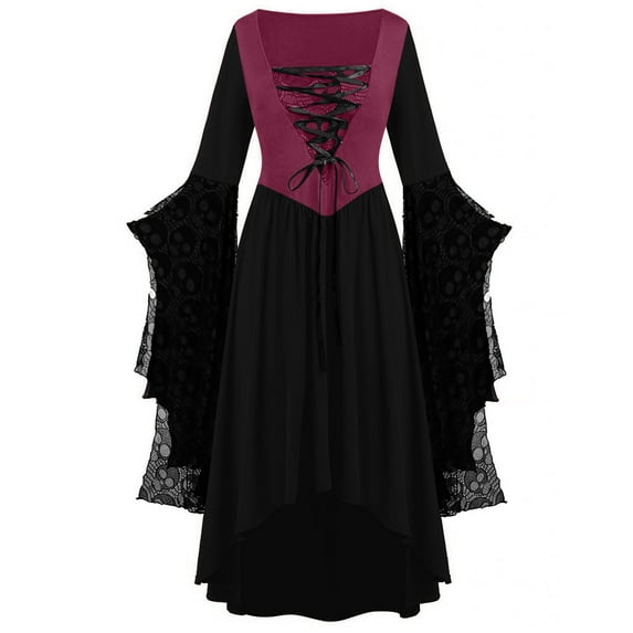 cocolona Womens Medieval Renaissance Dress Long Sleeve Square Neck Lace Patchwork Corset Dress Vintage Gothic Long Dress Halloween Costumes