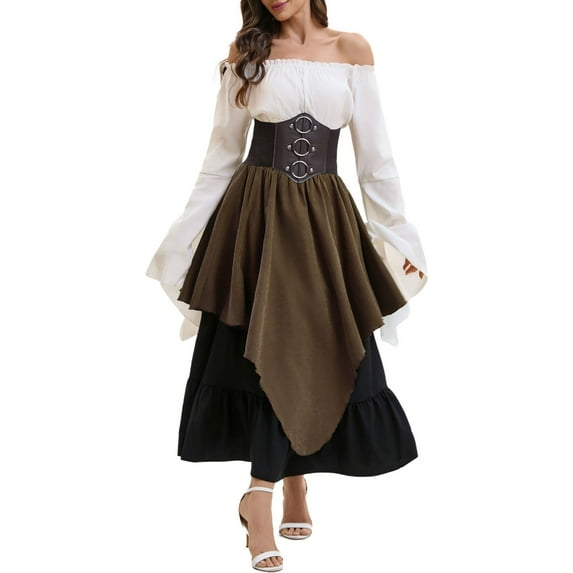 cocolona Womens Medieval Renaissance Long Dress One Shoulder Long Sleeve Patchwork Corset Dress Halloween Vintage Gothic Dress with Tops+Corset+Skirts