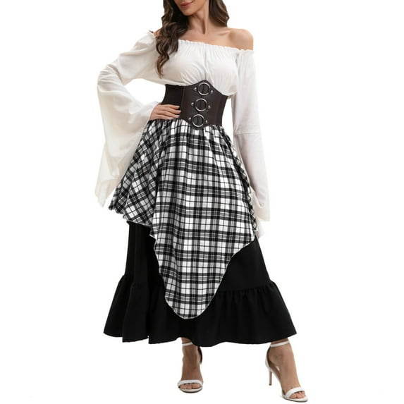 cocolona Womens Medieval Renaissance Long Dress One Shoulder Long Sleeve Patchwork Corset Dress Halloween Vintage Gothic Dress with Tops+Corset+Skirts