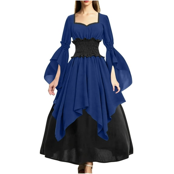 cocolona Womens Medieval Renaissance Pirate Witch Dress Long Sleeve Square Neck Patchwork Corset Dress Halloween Vintage Gothic Long Dress