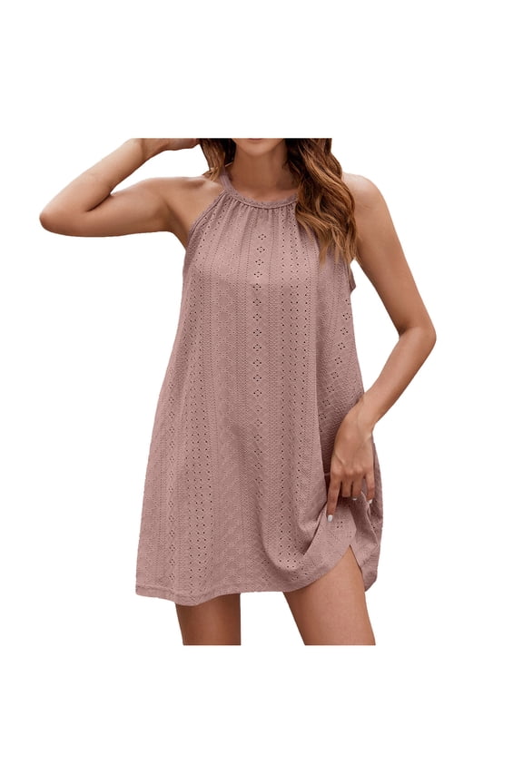 Womens Mini Dress Summer Fashion Halter Neck Sleeveless Hollow Out Sundress Casual Loose Beach Dress