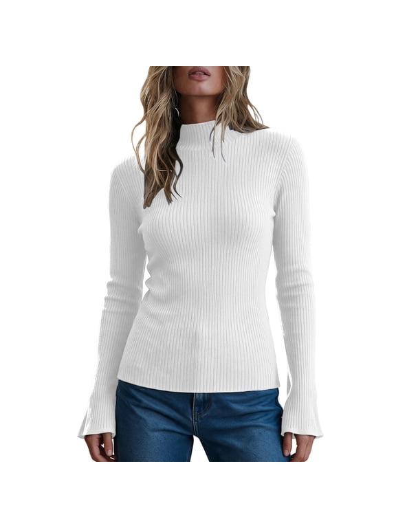 Womens Mock Neck Thin Sweater Solid Color Flare Sleeve Trendy Slim Basic Layer Sweater Ribbed Knit Fall Tops