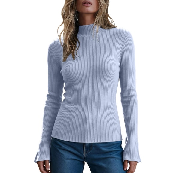 cocolona Womens Mock Neck Thin Sweater Solid Color Flare Sleeve Trendy Slim Basic Layer Sweater Ribbed Knit Fall Tops