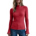 thumbnail image 1 of cocolona Womens Mock Neck Thin Sweater Solid Color Flare Sleeve Trendy Slim Basic Layer Sweater Ribbed Knit Fall Tops, 1 of 7