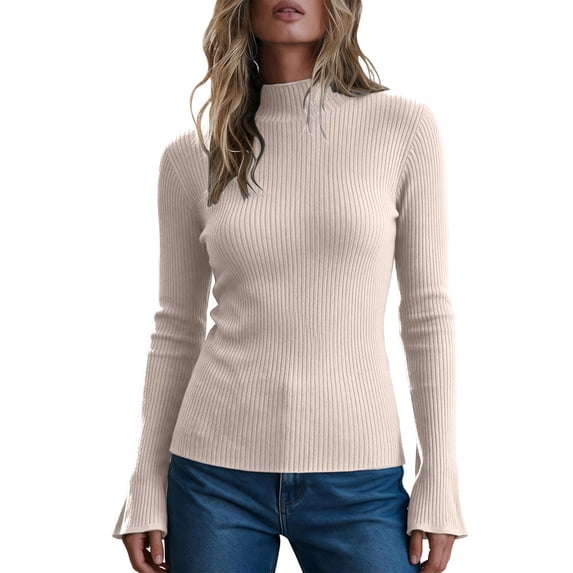 cocolona Womens Mock Neck Thin Sweater Solid Color Flare Sleeve Trendy Slim Basic Layer Sweater Ribbed Knit Fall Tops