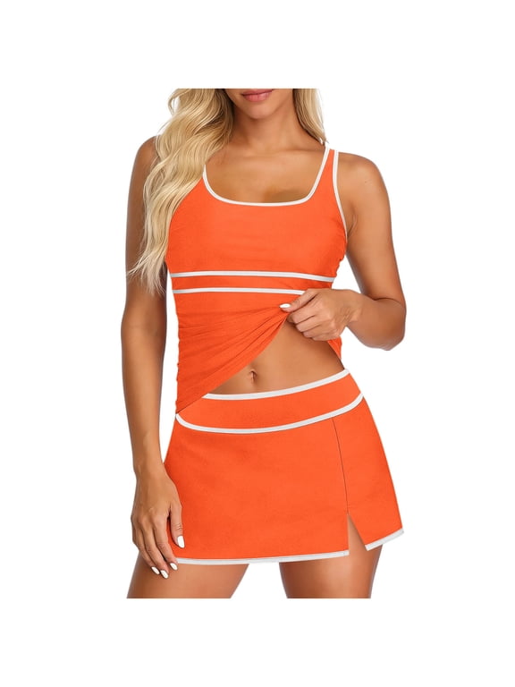 Womens Modest Tankini Swimsuits Fashion Color Block 3 Piece Bathing Suit with Skirt Vacation Beach Swimwear